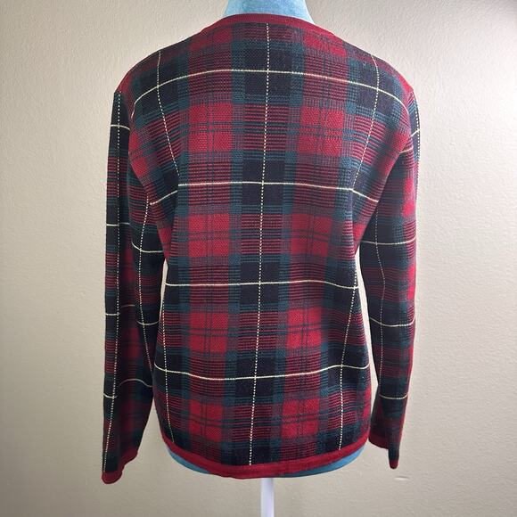 Talbots women S Cardigan Merino Wool Button Red Christmas Plaid made in Italy - Picture 4 of 16